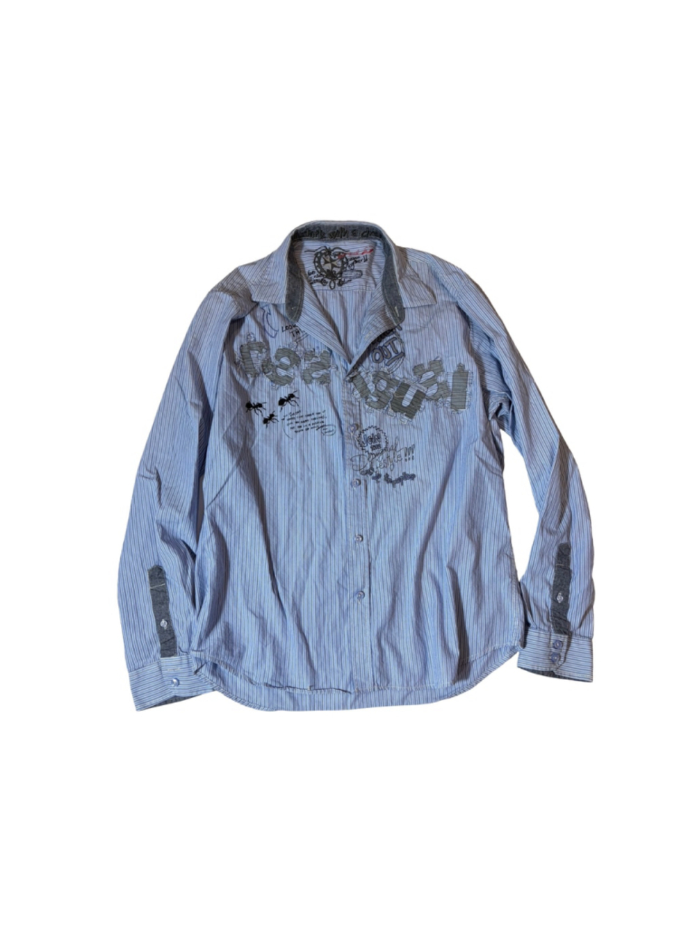 Desigual Blue Striped Graphic Appliqué Button Down Shirt XL Y2K Artsy